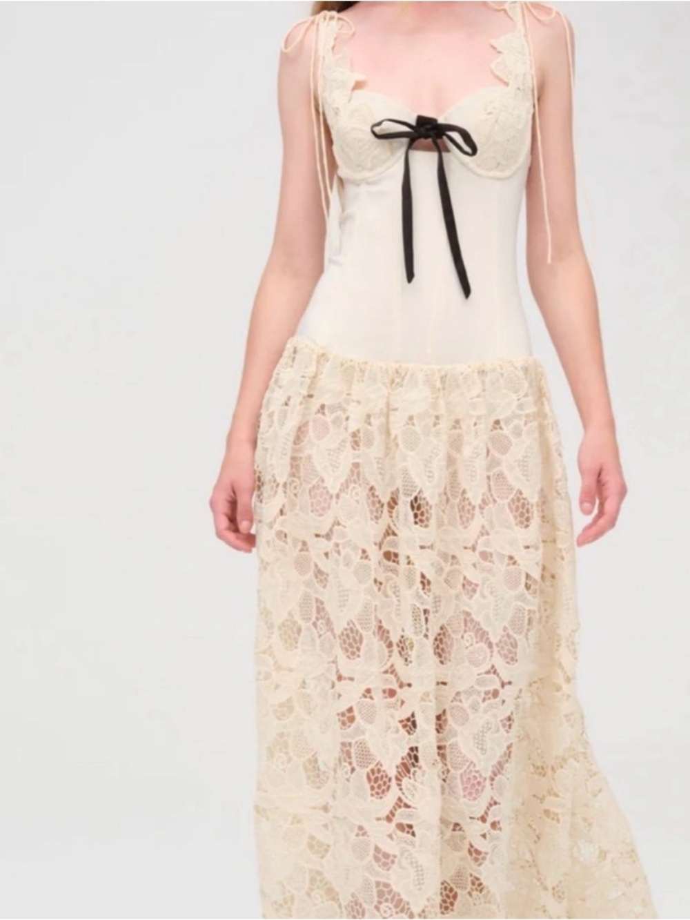 For Love & Lemons NWT Lace Overlay Maxi Dress with Bow Accent - Cream, XL
